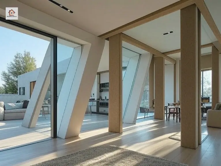 Modern half open house with glass walls and angled beams.