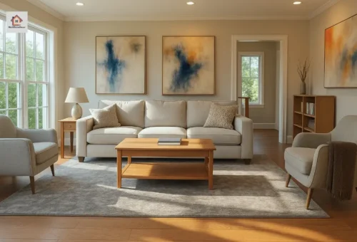 Modern living room with beige furniture