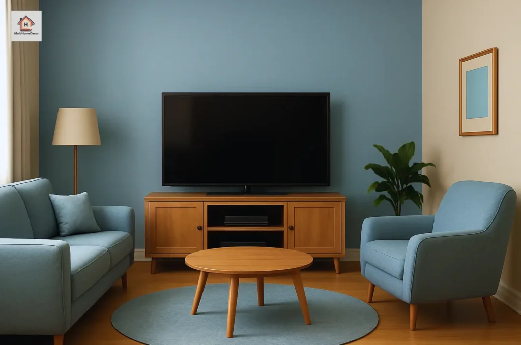 Modern living room with blue sofa, armchair, TV, and plant.