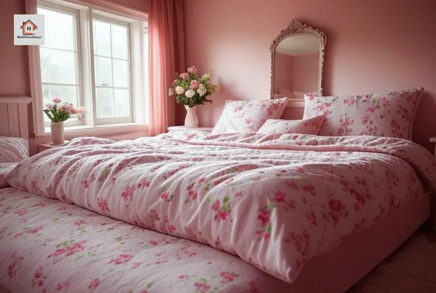 Cozy bedroom with pink floral bedding, ornate mirror, flowers, and large windows with curtains.