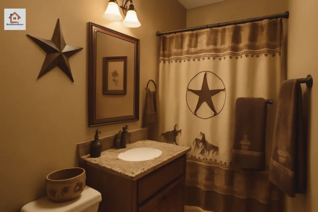 Rustic Western bathroom decor with tan walls, cowboy accents, and earthy