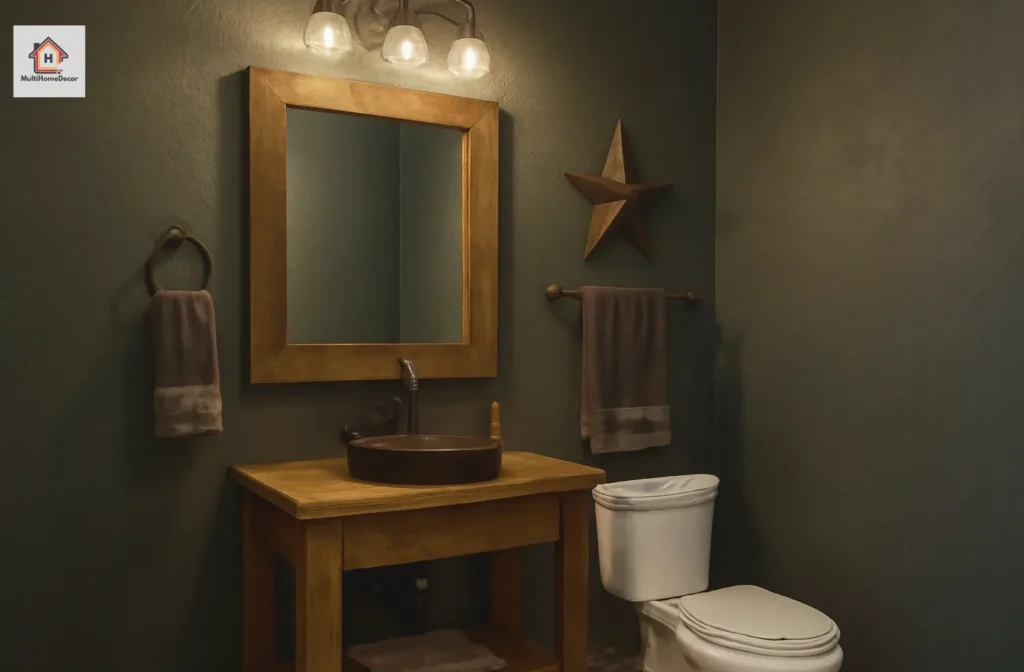 Rustic bathroom with dark gray walls, wooden vanity, and sleek black sink