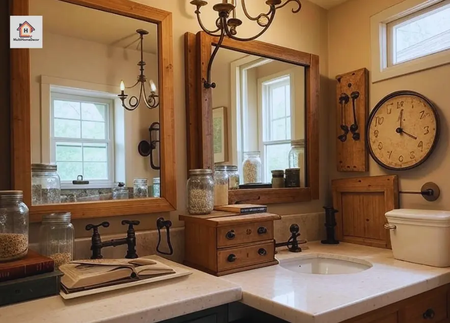 Rustic bathroom with wood mirrors, vintage jars, clock, and modern sink on wooden vanity