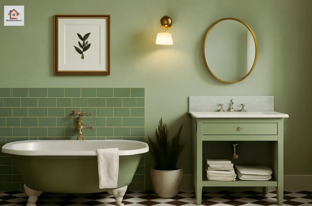 Serene bathroom with sage green walls, a clawfoot tub, and black and white flooring
