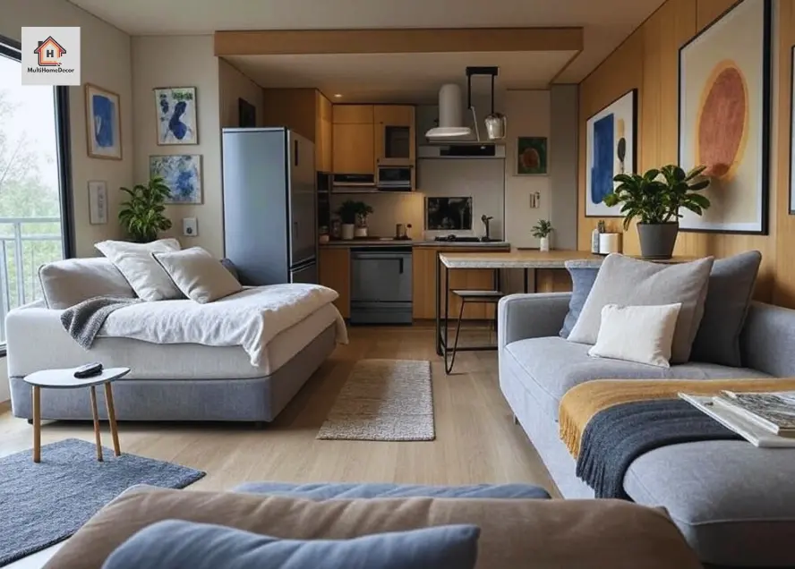 Modern living room with gray sofas, small kitchen area, wooden walls, and colorful artwork.