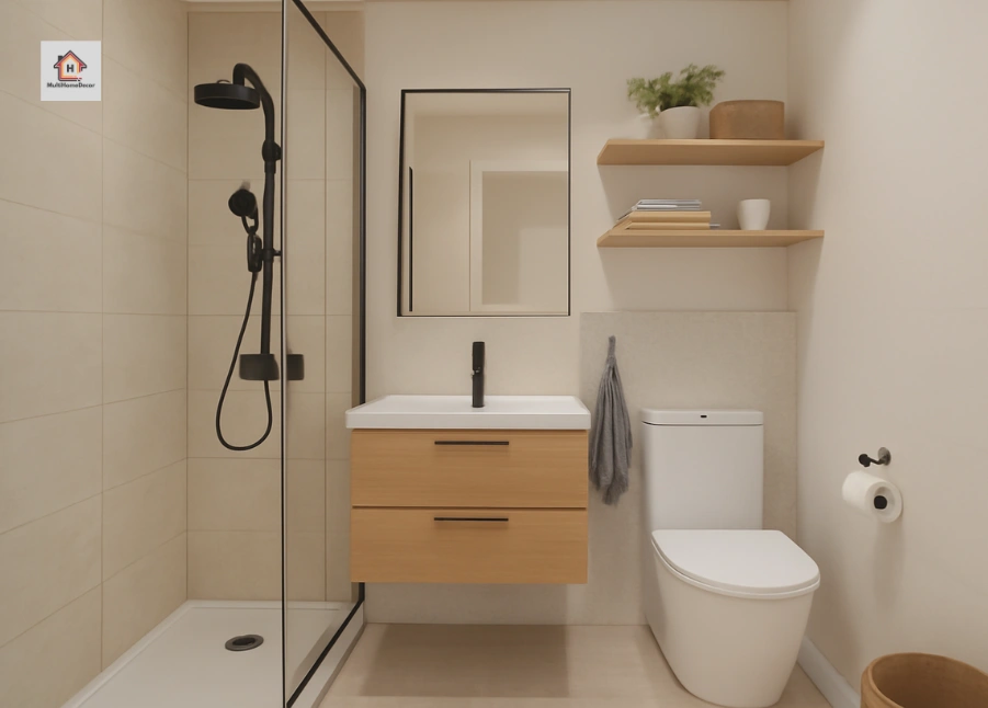 Modern bathroom with glass shower, wooden vanity, mirror, toilet, and wooden shelves.