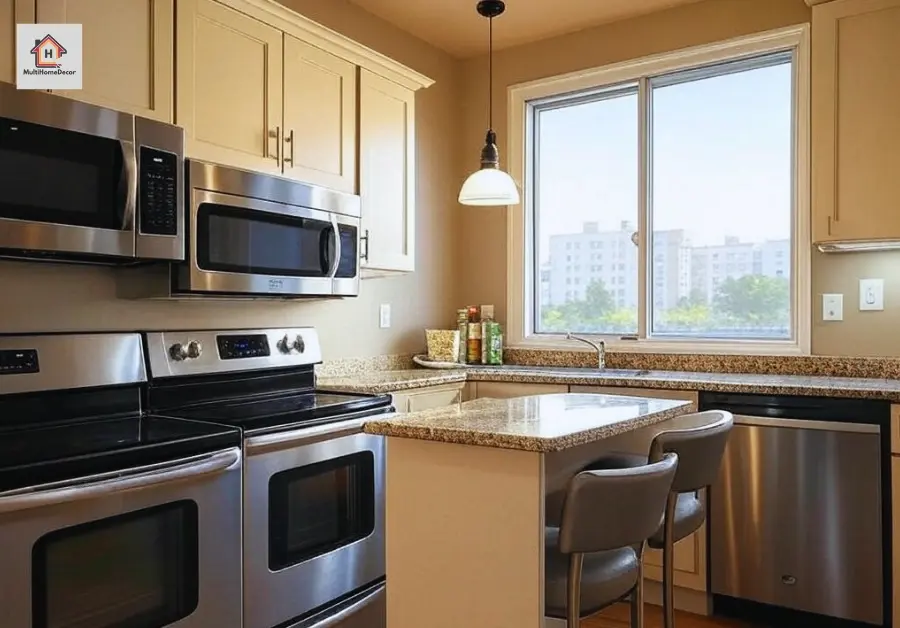 Modern kitchen with stainless steel appliances, beige cabinets, and granite countertop