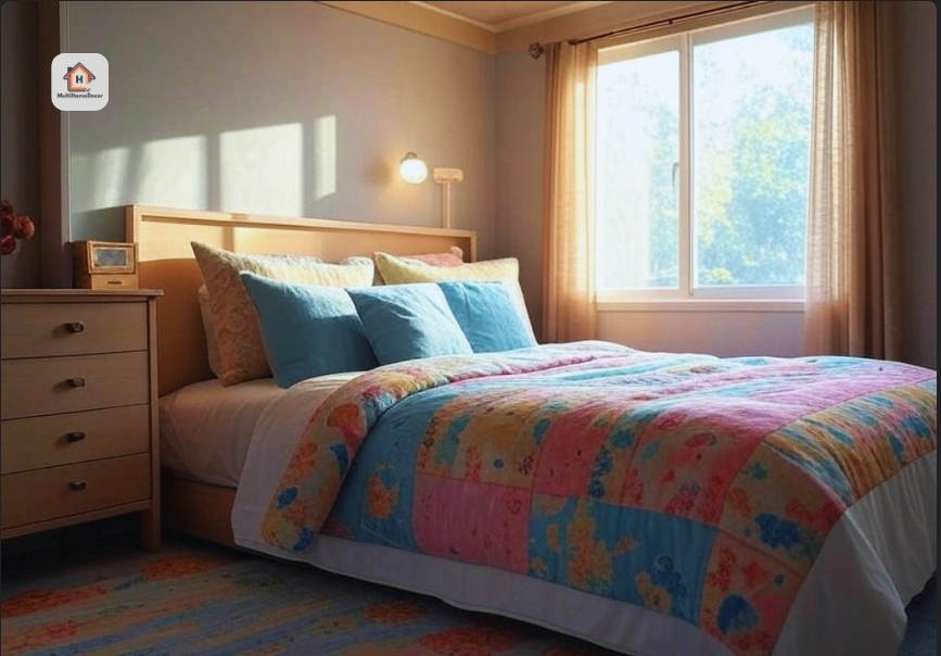 Bright bedroom decorating ideas with colorful quilt, wooden headboard, nightstand, and large window