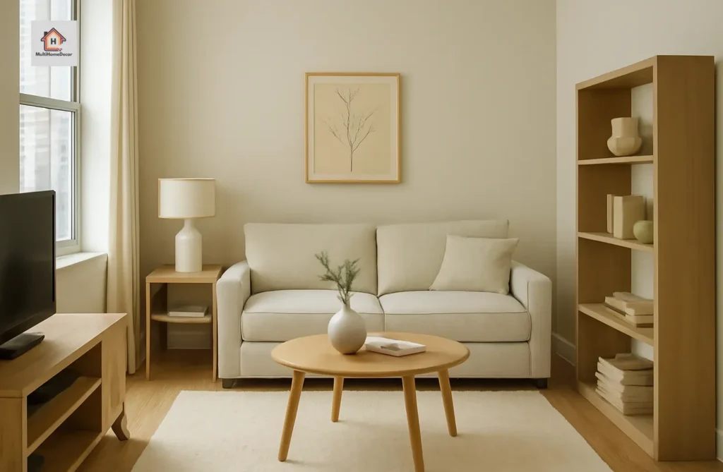 Cozy living room with beige sofa, wooden coffee table, TV, bookshelf, and large window.