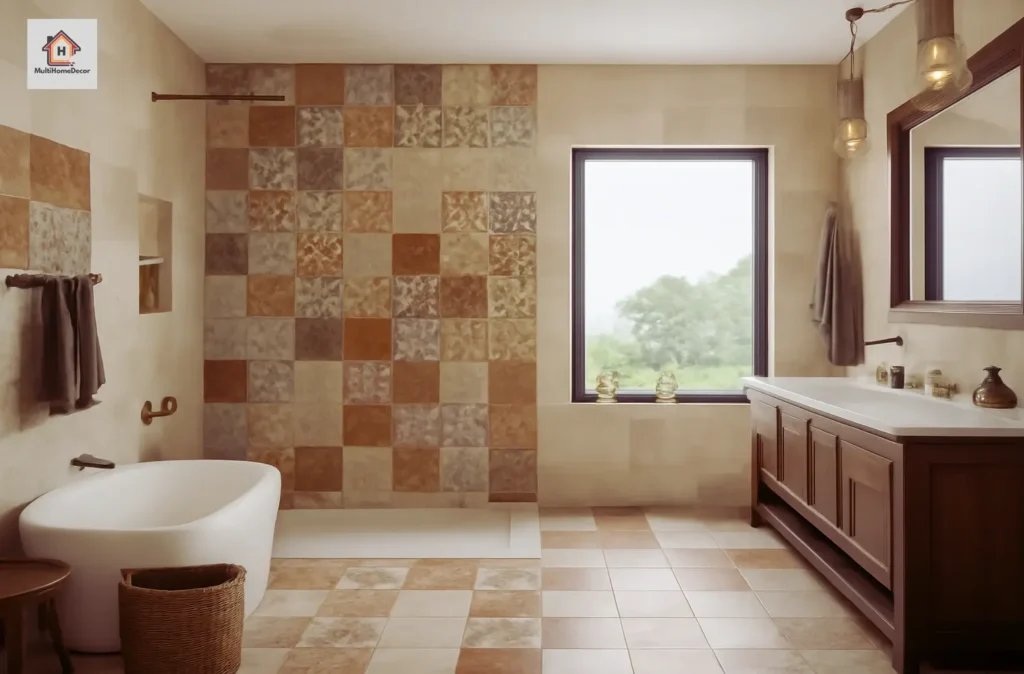 Spacious bathroom with patterned tiles, freestanding tub, and large window view