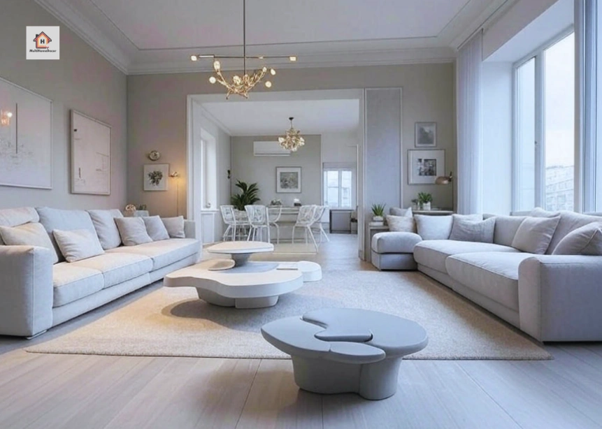 living room with gray sofas, unique coffee table, plants, and large windows.