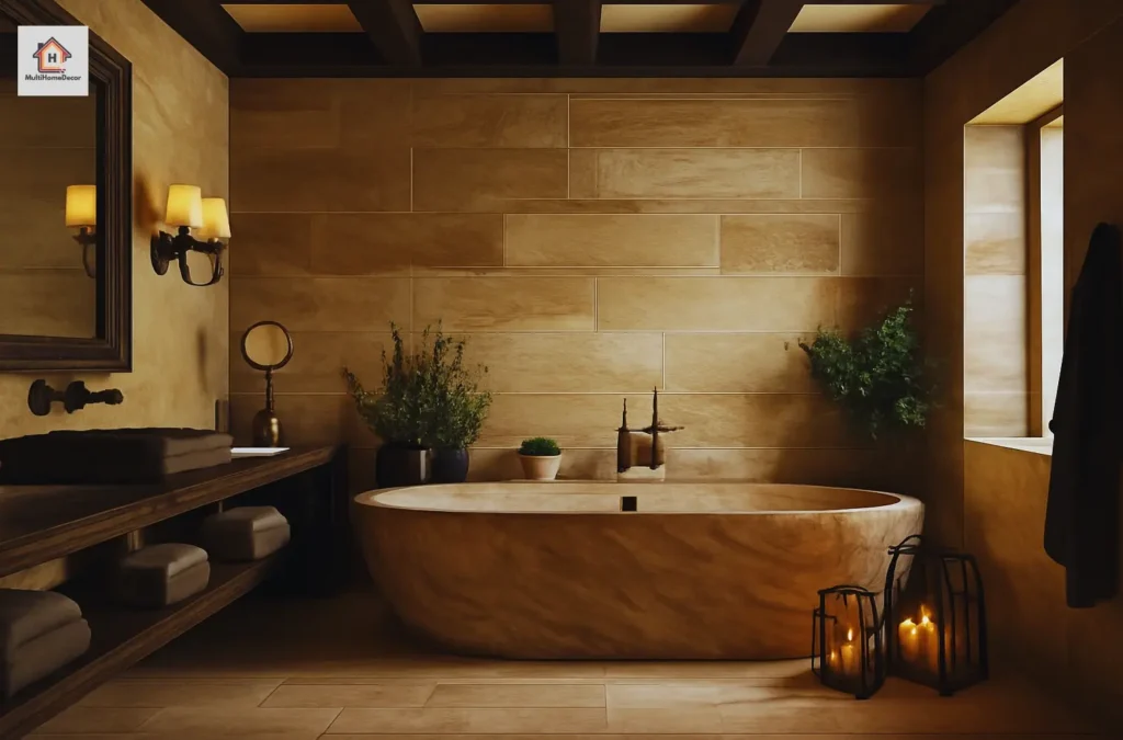 Stone bathroom with a freestanding tub, wooden accents, plants, and soft lighting.
