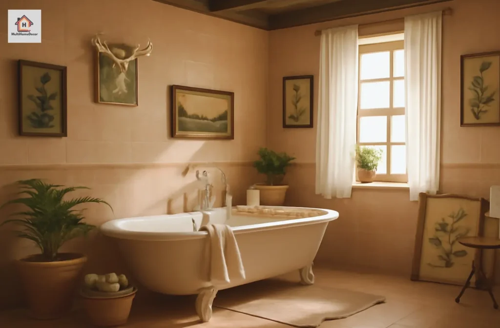 Vintage bathroom with a cream clawfoot tub, plants, and soft natural light