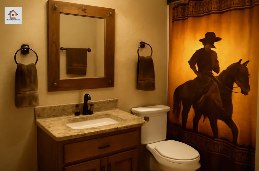 Western themed bathroom with cowboy shower curtain, wooden mirror, and brown towels.