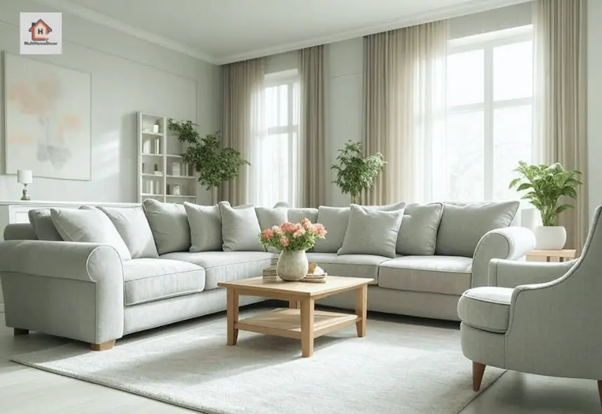 Cozy living room with gray sectional sofa, coffee table, plants, and large windows with curtains.