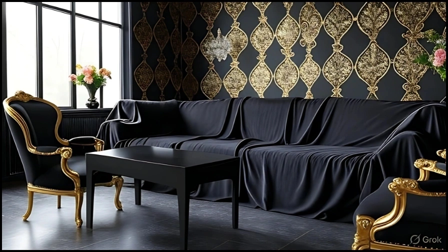 Elegant black and gold living room wallpaper with luxurious furniture and dark decor.