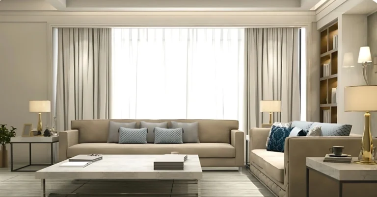 Modern living room decor ideas with neutral-toned sofas, elegant curtains, and cozy lighting.