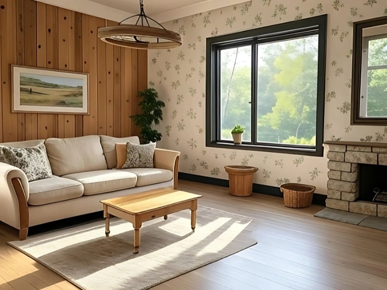 Cozy living room with rustic farmhouse wallpaper styles, wood paneling, and neutral furniture.