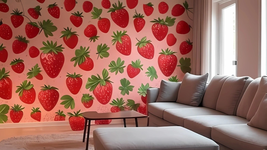 Strawberry themed accent wall in a bright living room with a gray sectional sofa and modern decor.