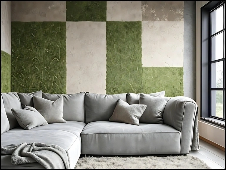 Modern living room decor idea with green and beige textured wallpaper and plush gray sectional sofa.