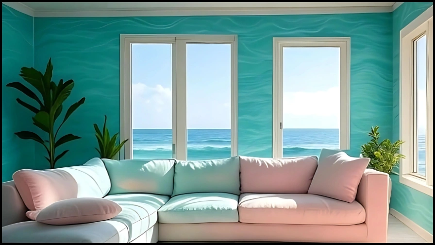 Turquoise wallpaper for a coastal vibe in a modern living room with ocean view and pastel sofa.