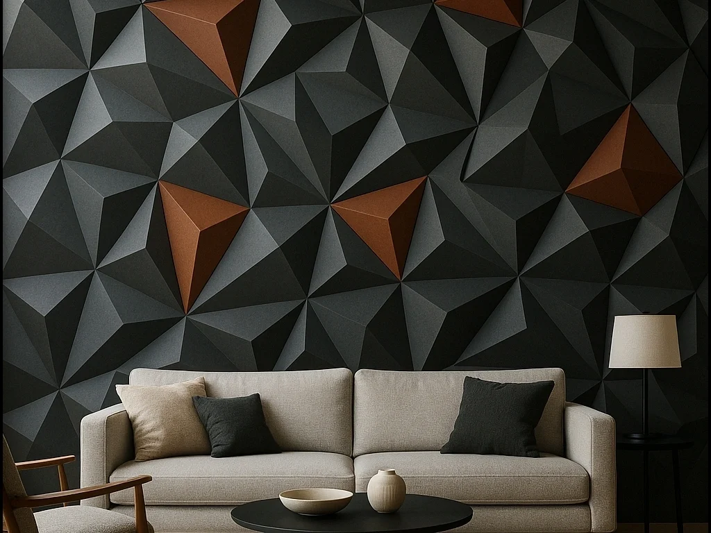 Modern 3D and geometric wallpaper in a living room