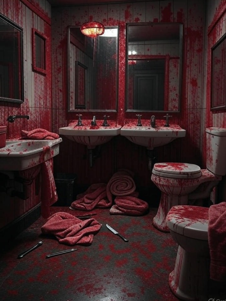 Bloody bathroom decor with red splatters and props.