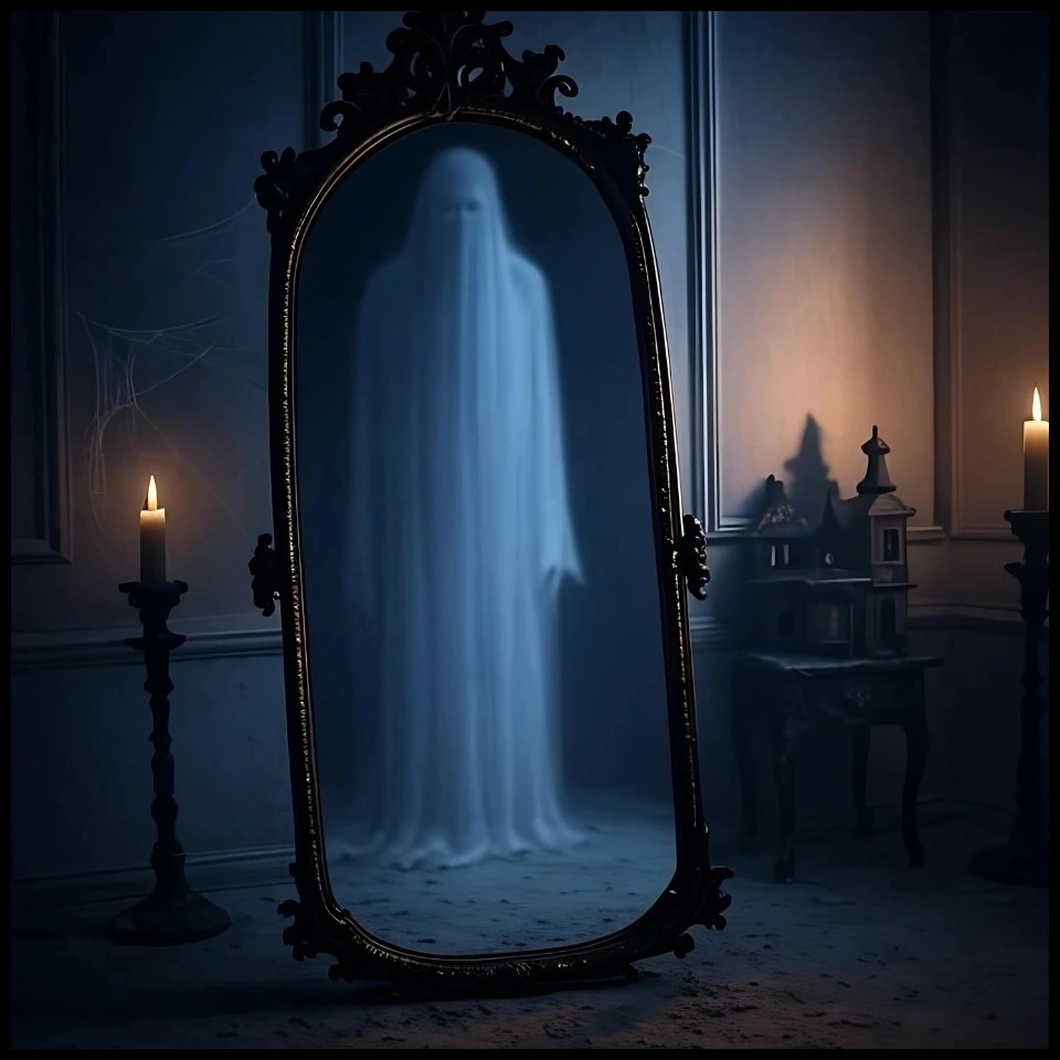 Ghostly figure in haunted mirror with candlelight