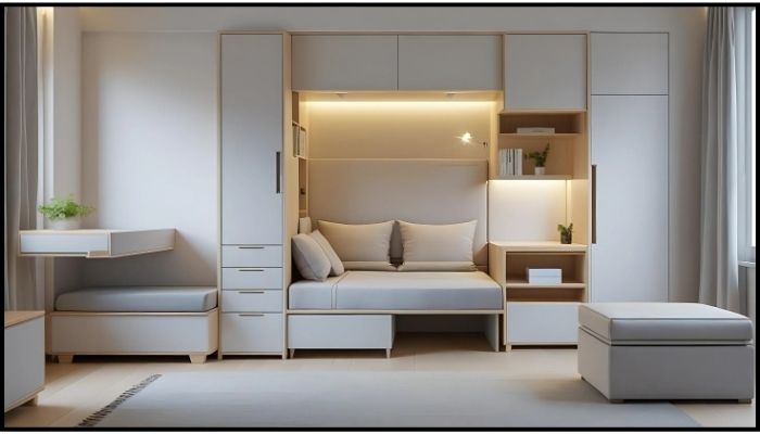 Multifunctional furniture design for a small bedroom.