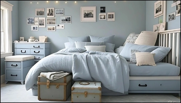 Cozy blue small bedroom with soft bedding and wall art.