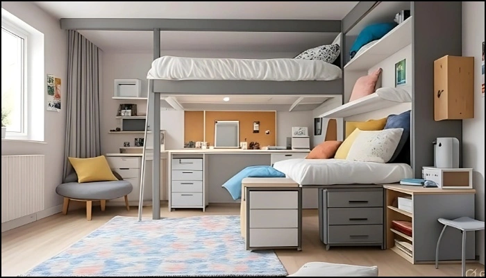 Modern small bedroom with loft bed and work area.