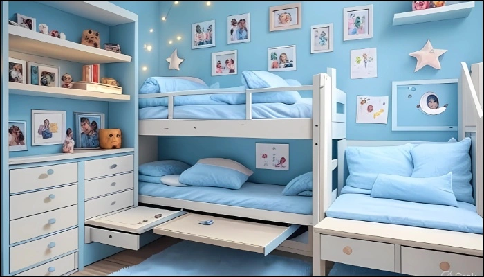 Small shared kids' room with blue bunk beds and decor.
