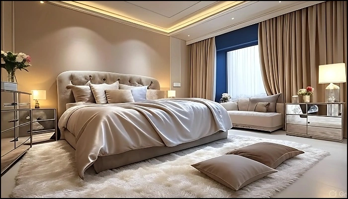 Luxurious small bedroom with tufted bed and soft lighting.
