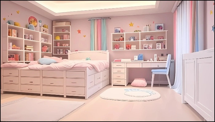 Organized kids' bedroom with storage, desk, and shelves.