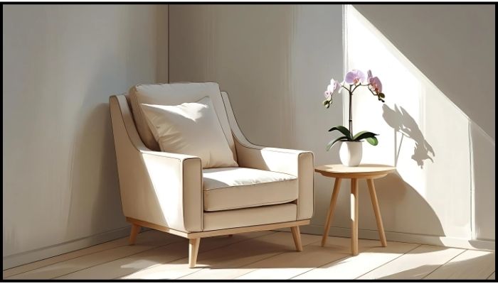 Minimal small bedroom corner with chair and table.