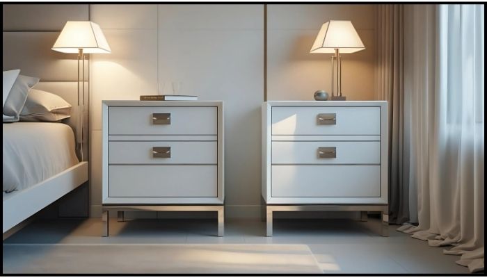 Modern nightstands with lamps in small bedroom.