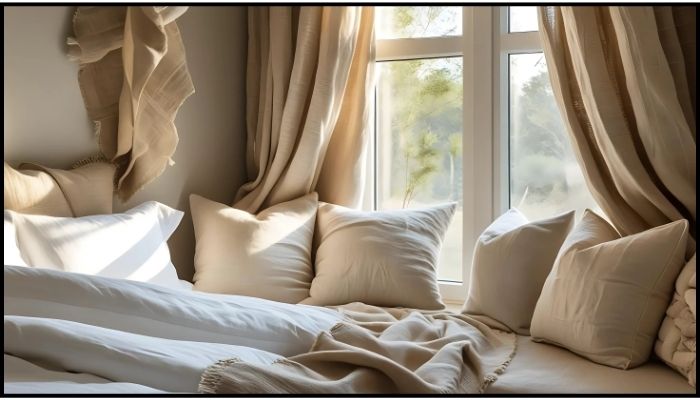 Cozy bed with soft pillows in small bedroom by window.