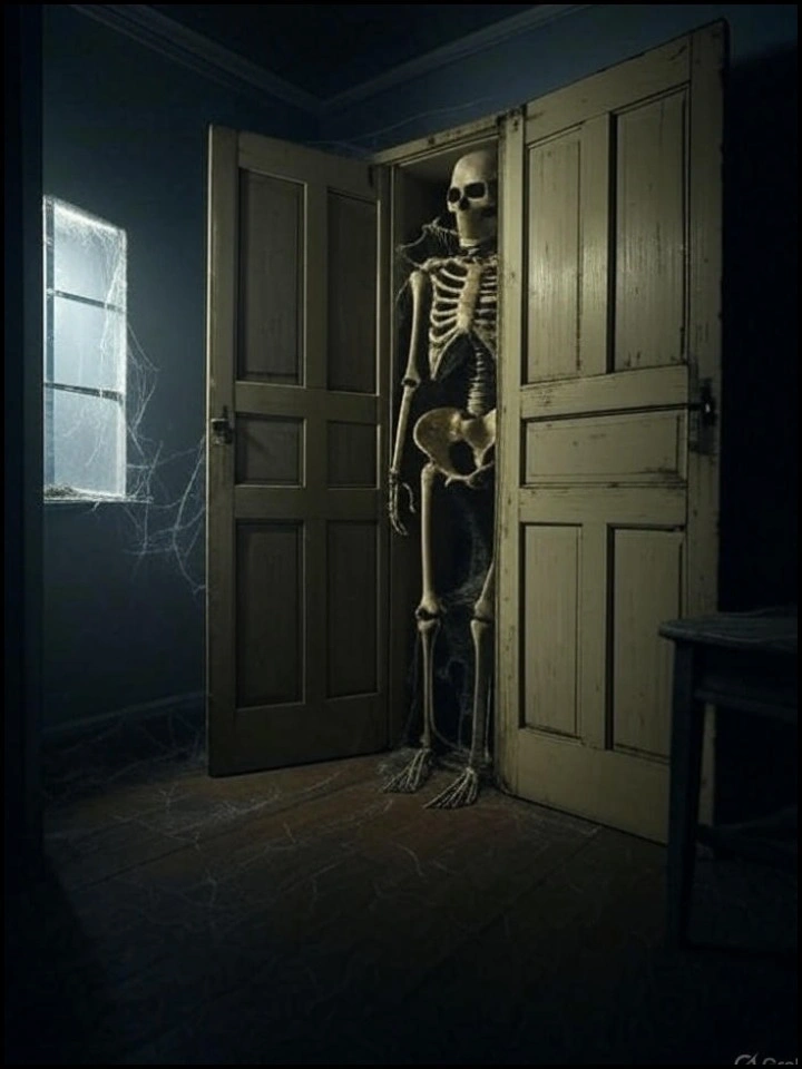 Skeleton in the Closet standing behind old wooden doors.