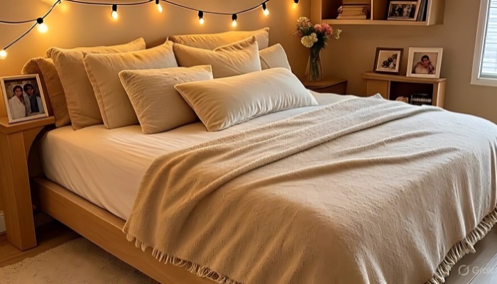 Cozy small couple's bedroom with warm lighting and decor.