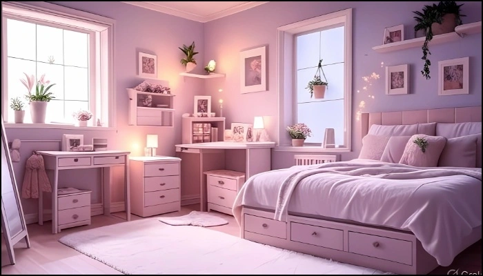 Chic pink bedroom decor for single woman with desk.