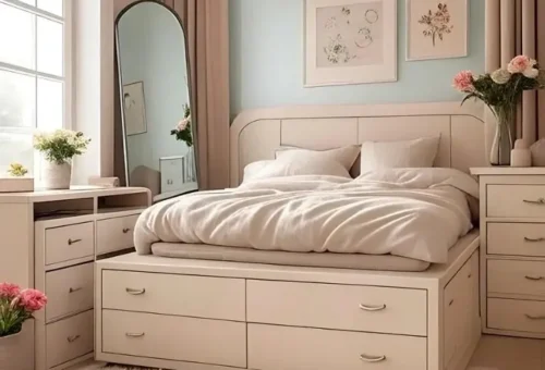 Stylish small bedroom with smart storage solutions.