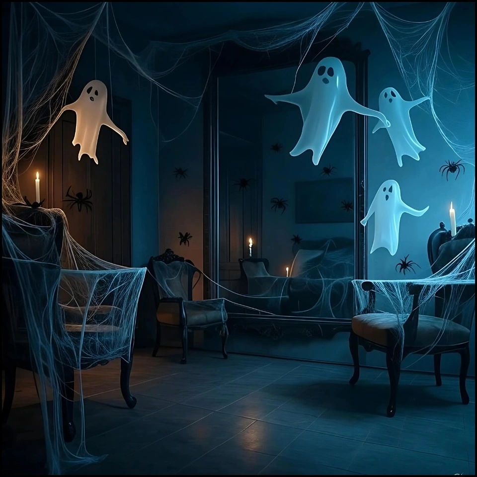 Spiderwebs everywhere in haunted room with ghosts