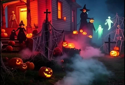 Spooky Halloween house with pumpkins and ghost decor.