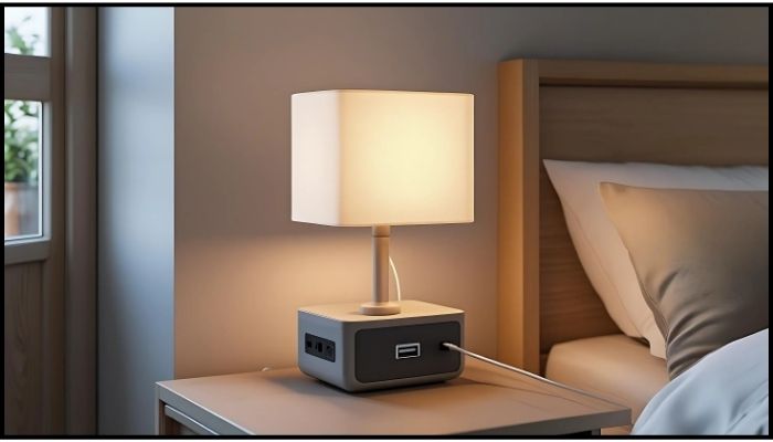 Modern lamp on nightstand in small bedroom.