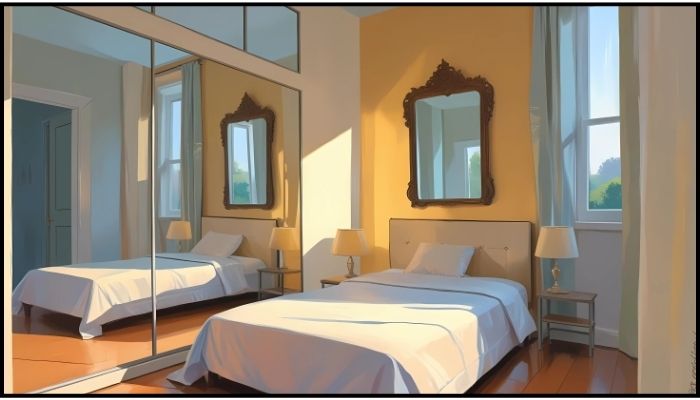 Small bedroom with large mirrors and elegant decor.