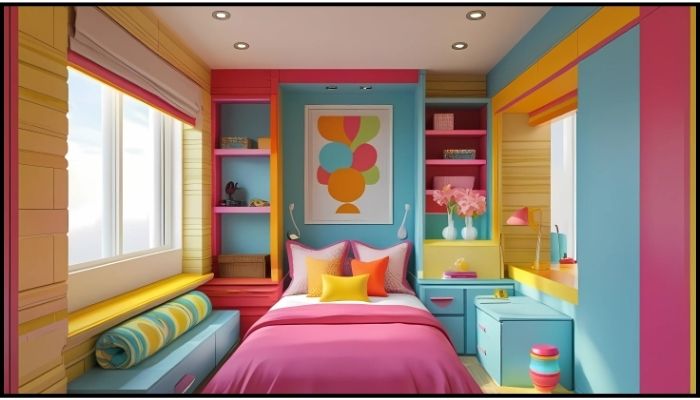 Colorful small bedroom with vibrant decor.