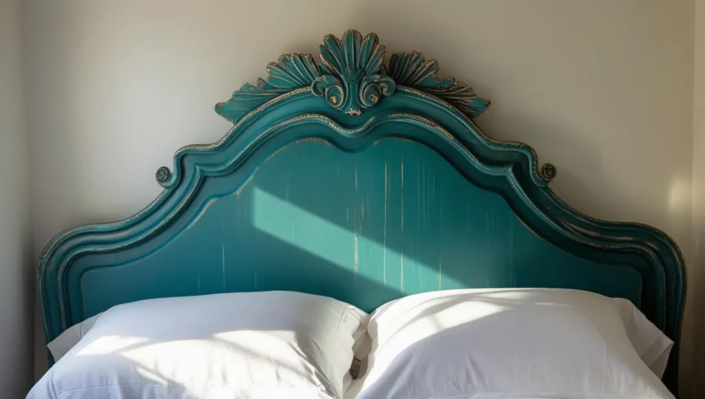 Ornate teal headboard in a small bedroom with white pillows.