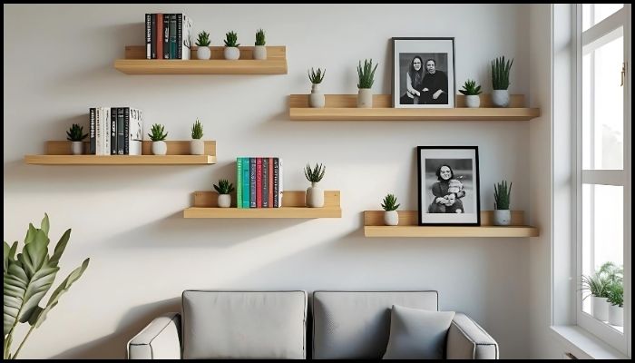 Wall shelves and decor ideas for a small bedroom.