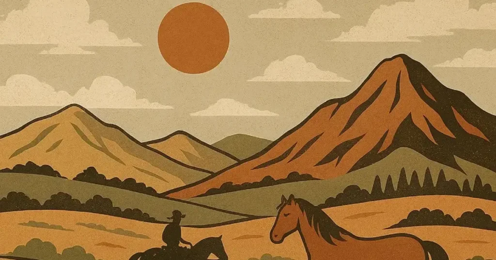 Western-inspired wallpaper with cowboy and horses.