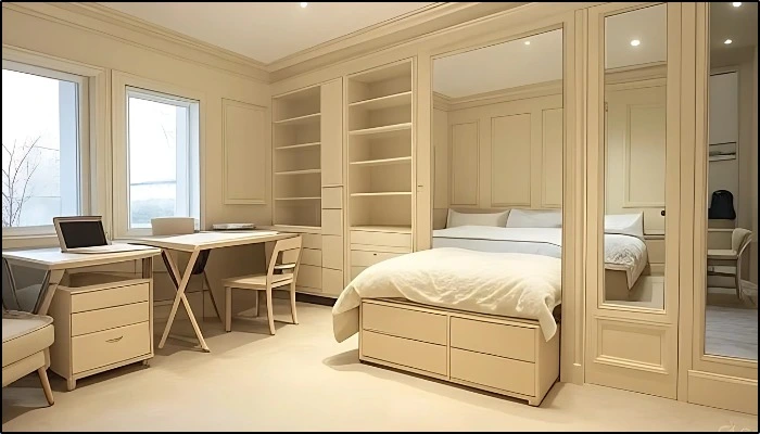 Small beige bedroom with built-in storage and workspace.